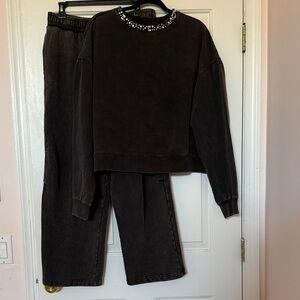 Scoop NYC Black Jeweled-Neck Sweatshirt and Wide-Leg Pants Set